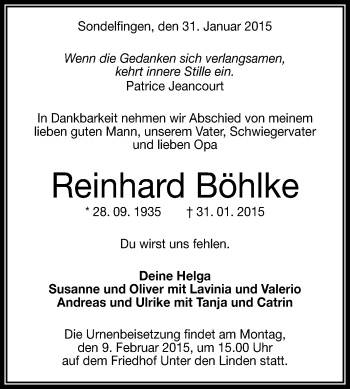 Anzeige von Reinhard Böhlke von Reutlinger Generalanzeiger