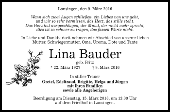 Anzeige von Lina Bauder von Reutlinger Generalanzeiger