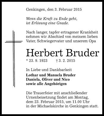 Anzeige von Herbert Bruder von Reutlinger Generalanzeiger