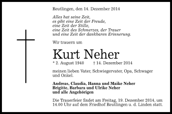 Anzeige von Kurt Neher von Reutlinger Generalanzeiger