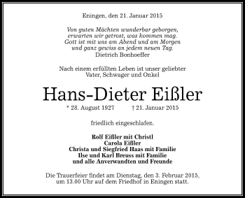 Anzeige von Hans-Dieter Eißler von Reutlinger Generalanzeiger