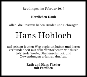 Anzeige von Hans Hohloch von Reutlinger Generalanzeiger