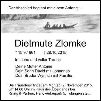 Anzeige von Dietmute Zlomke von Reutlinger Generalanzeiger