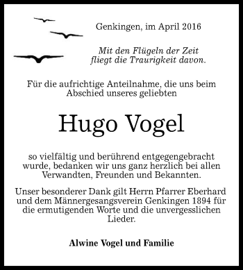 Anzeige von Hugo Vogel von Reutlinger Generalanzeiger