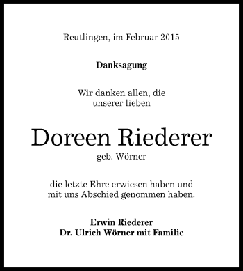 Anzeige von Doreen Riederer von Reutlinger Generalanzeiger