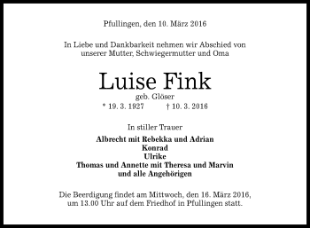 Anzeige von Luise Fink von Reutlinger Generalanzeiger