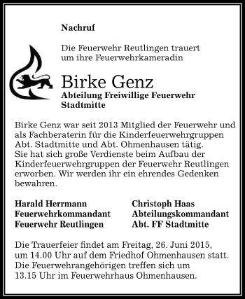 Anzeige von Birke Genz von Reutlinger Generalanzeiger