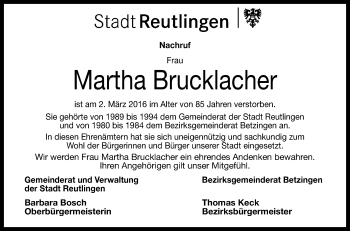 Anzeige von Martha Brucklacher von Reutlinger Generalanzeiger