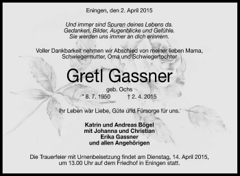 Anzeige von Gretl Gassner von Reutlinger Generalanzeiger