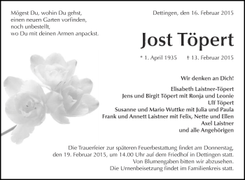 Anzeige von Jost Töpert von Reutlinger Generalanzeiger