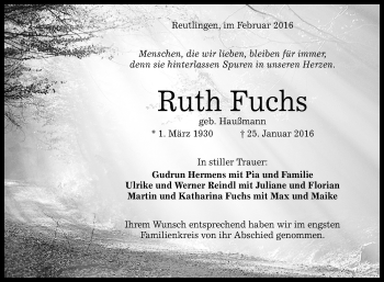 Anzeige von Ruth Fuchs von Reutlinger Generalanzeiger