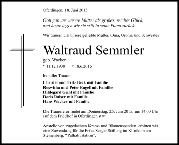 Anzeige von Waltraud Semmler von Reutlinger Generalanzeiger