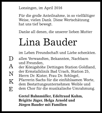 Anzeige von Lina Bauder von Reutlinger Generalanzeiger