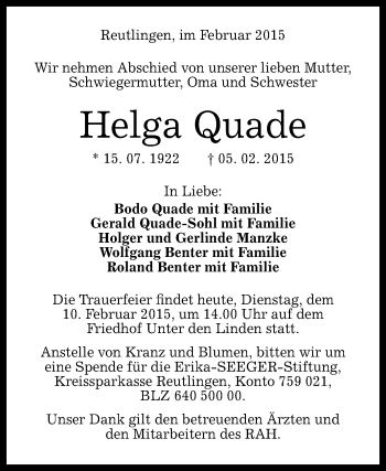 Anzeige von Helga Quade von Reutlinger Generalanzeiger