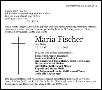 Anzeige von Maria Fischer von Reutlinger Generalanzeiger