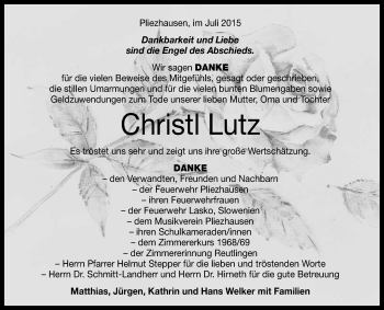 Anzeige von Christl Lutz von Reutlinger Generalanzeiger