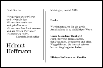 Anzeige von Helmut Hoffmann von Reutlinger Generalanzeiger