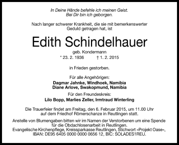 Anzeige von Edith Schindelhauer von Reutlinger Generalanzeiger