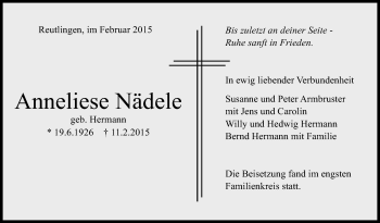 Anzeige von Anneliese Nädele von Reutlinger Generalanzeiger
