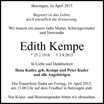 Anzeige von Edith Kempe von Reutlinger Generalanzeiger