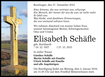 Anzeige von Elisabeth Schäfle von Reutlinger Generalanzeiger