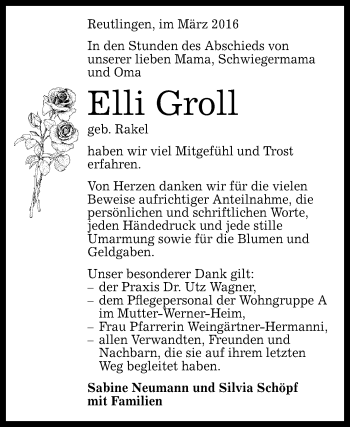 Anzeige von Elli Groll von Reutlinger Generalanzeiger