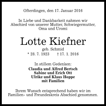 Anzeige von Lotte Kiefner von Reutlinger Generalanzeiger