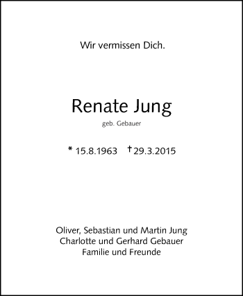 Anzeige von Renate Jung von Reutlinger Generalanzeiger