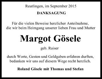 Anzeige von Margot Gösele von Reutlinger Generalanzeiger