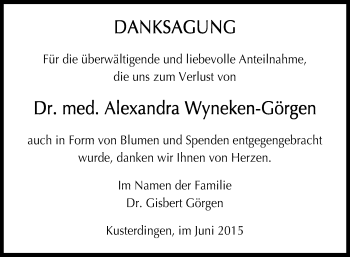 Anzeige von Alexandra Wyneken-Görgen von Reutlinger Generalanzeiger