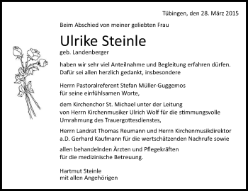 Anzeige von Ulrike Steinle von Reutlinger Generalanzeiger