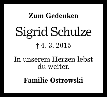 Anzeige von Sigrid Schulze von Reutlinger Generalanzeiger