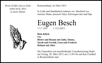 Anzeige von Eugen Besch von Reutlinger Generalanzeiger