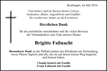 Anzeige von Brigitte Faßnacht von Reutlinger Generalanzeiger