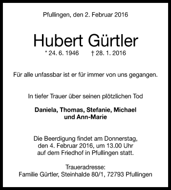 Anzeige von Hubert Gürtler von Reutlinger Generalanzeiger