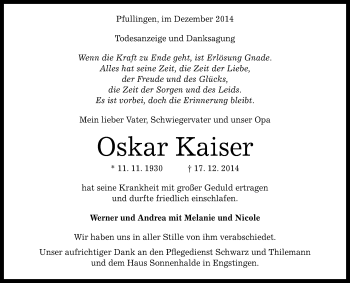 Anzeige von Oskar Kaiser von Reutlinger Generalanzeiger