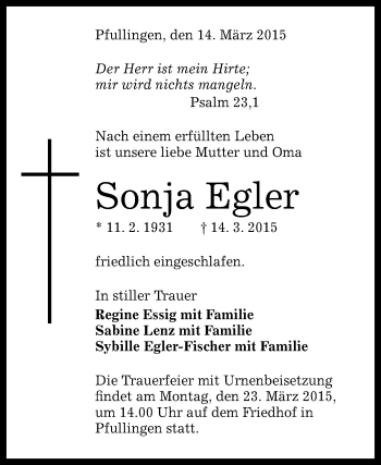 Anzeige von Sonja Egler von Reutlinger Generalanzeiger
