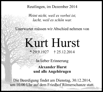 Anzeige von Kurt Hurst von Reutlinger Generalanzeiger