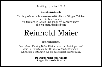 Anzeige von Reinhold Maier von Reutlinger Generalanzeiger