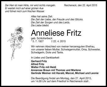 Anzeige von Anneliese Fritz von Reutlinger Generalanzeiger