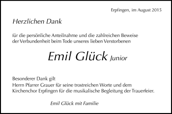 Anzeige von Emil Glück von Reutlinger Generalanzeiger
