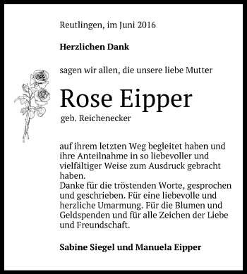 Anzeige von Rose Eipper von Reutlinger Generalanzeiger