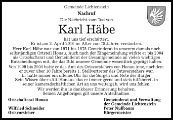 Anzeige von Karl Häbe von Reutlinger Generalanzeiger