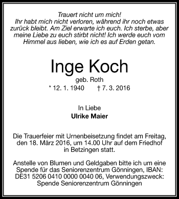 Anzeige von Inge Koch von Reutlinger Generalanzeiger