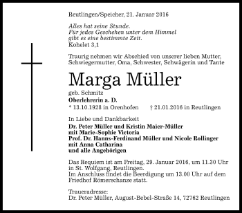 Anzeige von Marga Müller von Reutlinger Generalanzeiger
