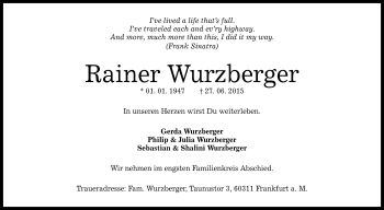 Anzeige von Rainer Wurzberger von Reutlinger Generalanzeiger