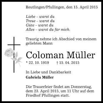 Anzeige von Coloman Müller von Reutlinger Generalanzeiger