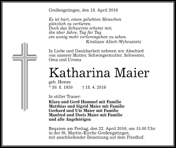 Anzeige von Katharina Maier von Reutlinger Generalanzeiger