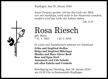 Anzeige von Rosa Riesch von Reutlinger Generalanzeiger