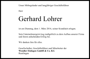 Anzeige von Gerhard Lohrer von Reutlinger Generalanzeiger